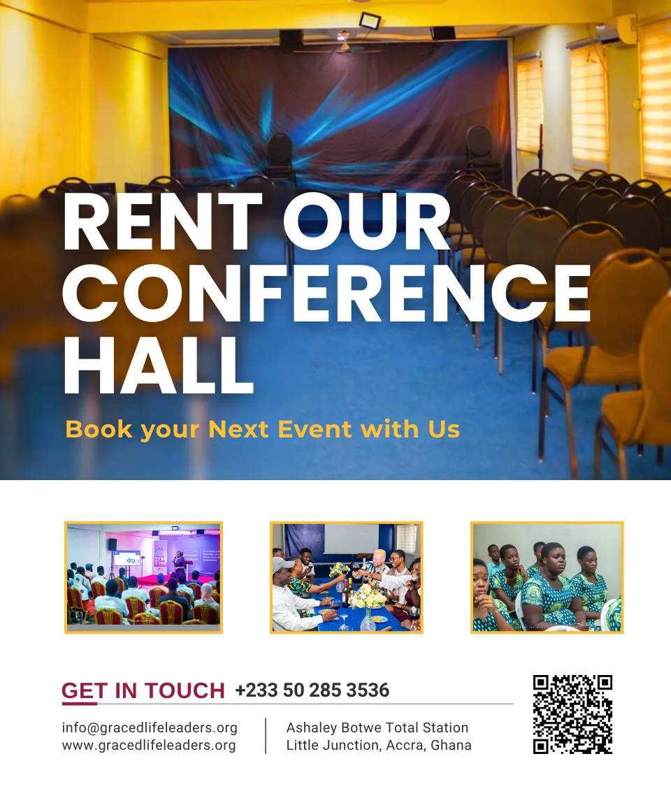 Rent our conference hall flyer. Book your next event with us. Get in touch: info@gracedlifeleaders.org.